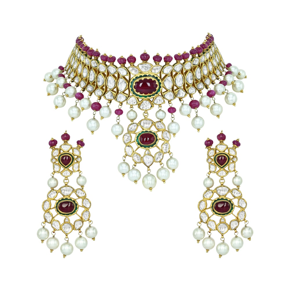 Polki Choker Set with Ruby Cabochons, Pearl Drops, and Pendant